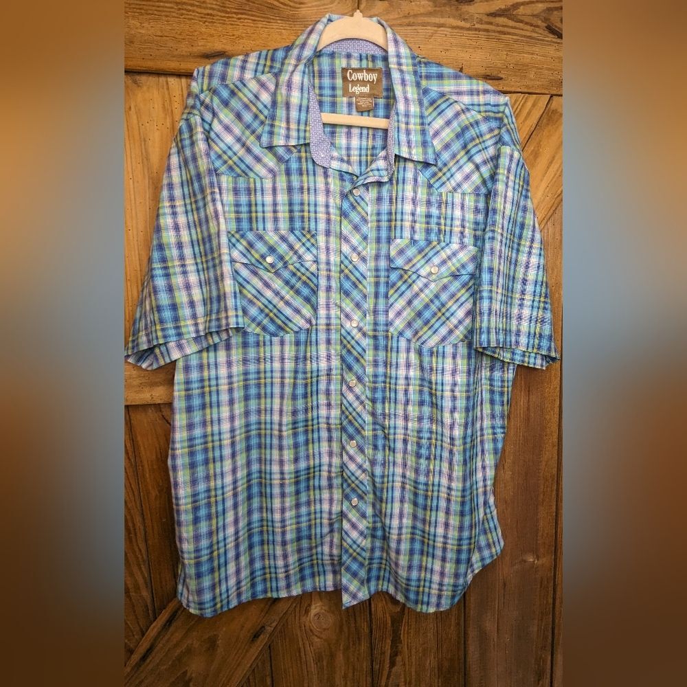 Cowboy Legend Western Men's Shirt Sz XXL plaid short sleeves pearl buttons Y-1